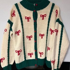 Vintage Brooks Brothers Hand Knit Red Bows 100% Virgin Wool Sweater